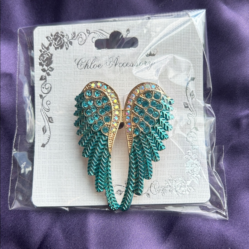 Teal Rhinestone Angel Wing Brooch -